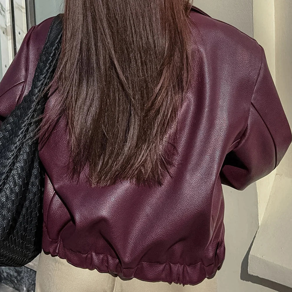 Autumn Women Casual Loose Motorcycle Jacket Turn Down Collar Long Sleeve PU Leather Zip Bomber Coats FYY-500
