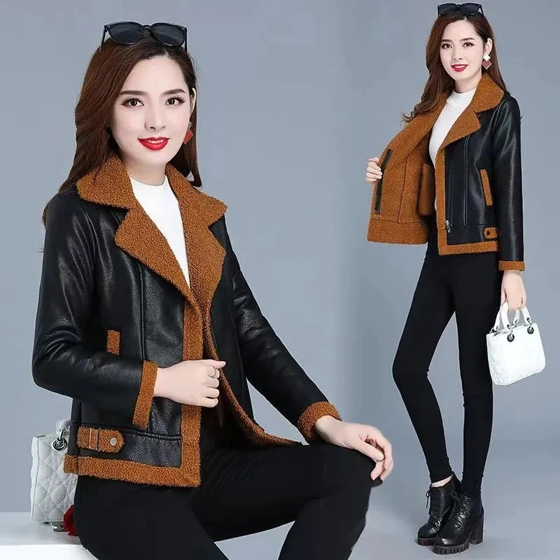 Women's Leather Coat Women's Autumn Winter New Motorcycle Short Fashion Leather Jacket Comfortable Warm Casual Solid Color Coat
