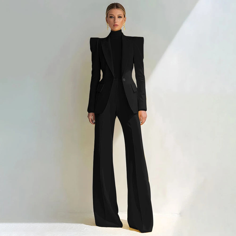 Professional Women's Red Suit Peaked Lapel Single Button Female Elegant Blazer and Flared Pants 2Piece Set Formal Office Wear