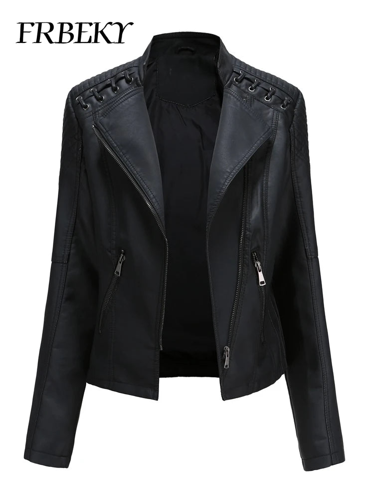 Spring Autumn Short Section Long Sleeve Zipper Jacket Slim Faux Leather Jacket Casual Solid Color Fashion Jacket Loose Outwear