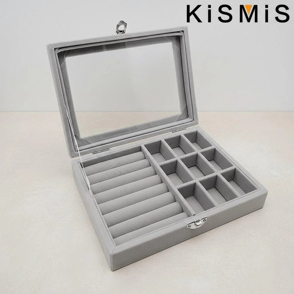 Velvet Jewelry Organizer Box with Clear Lid Dust-Proof Storage Tray for Rings Earrings Multi-Piece Display Holder
