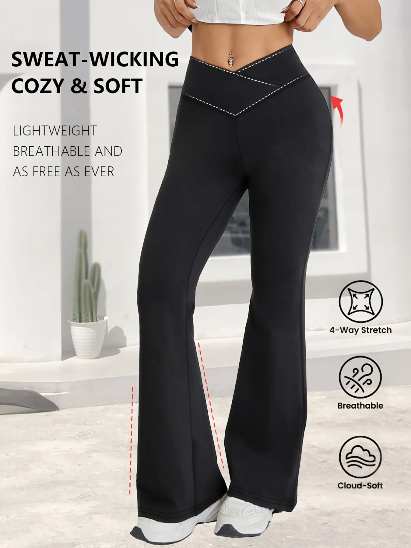 A Spring Black Leggings With High Waist Elasticity, Slightly Flared Hems, Cross Waist Design, Suitable For Casual Sports
