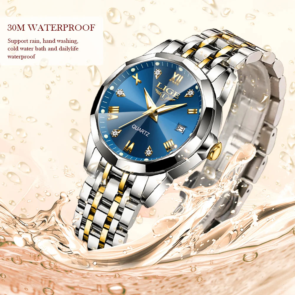 LIGE 2026 Women's Watch Luxury Gift quartz wristwatch Waterproof Calendar Stainless Steel Ladies Luminous Clock montre femme+BOX