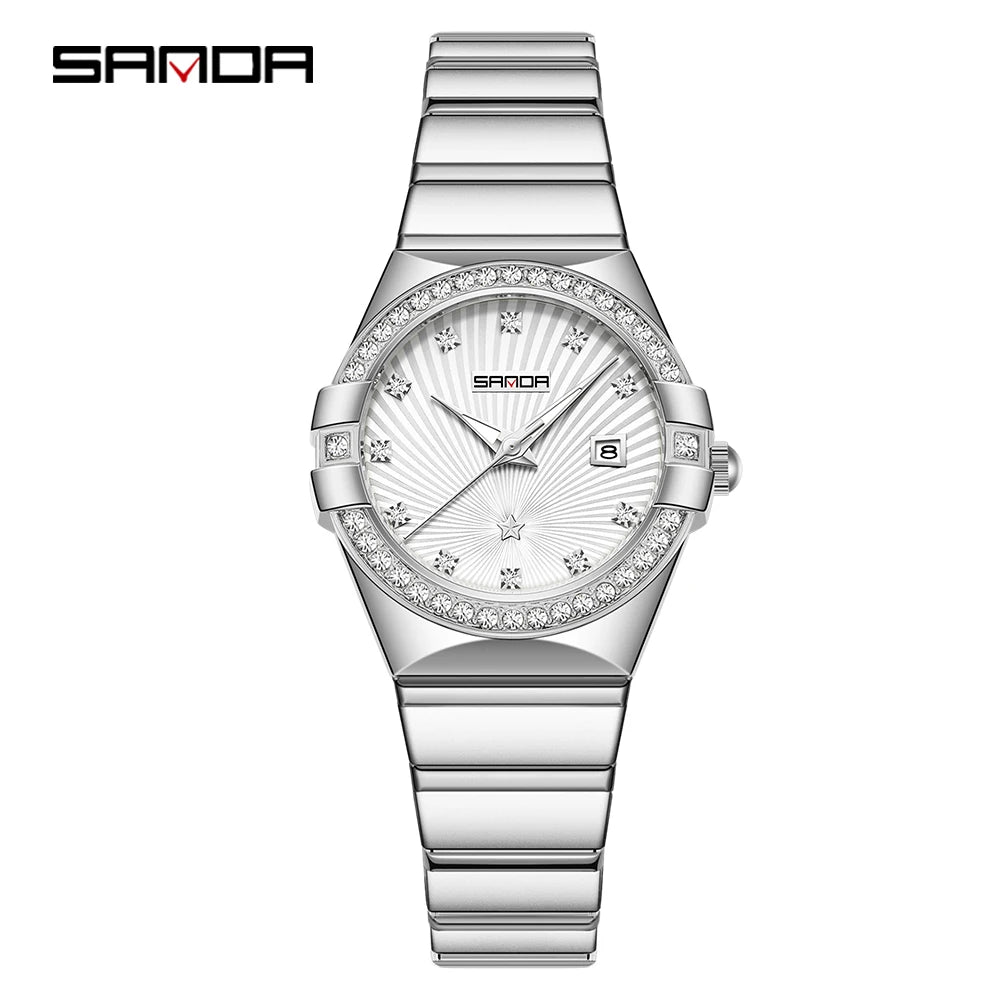 SANDA1147 Luxury Women's Quartz Watch with Mother of Bell Dial and Diamond studded Steel Strip 3ATM Waterproof Fashion Watch -1