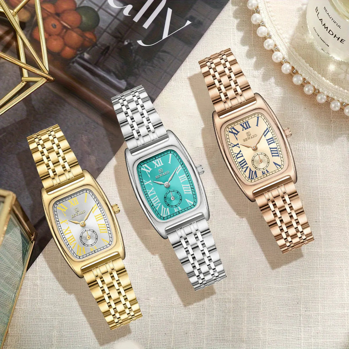 REWARD Luxury Elegant Rectangle Ladies Watch Waterproof Luminous Watch for Woman Stainless Steel Quartz Women's Watches with Box