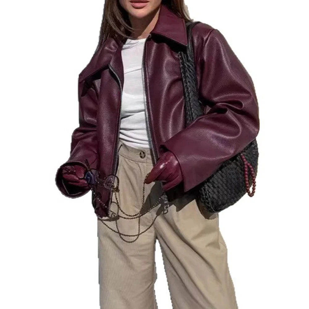 Autumn Women Casual Loose Motorcycle Jacket Turn Down Collar Long Sleeve PU Leather Zip Bomber Coats FYY-500