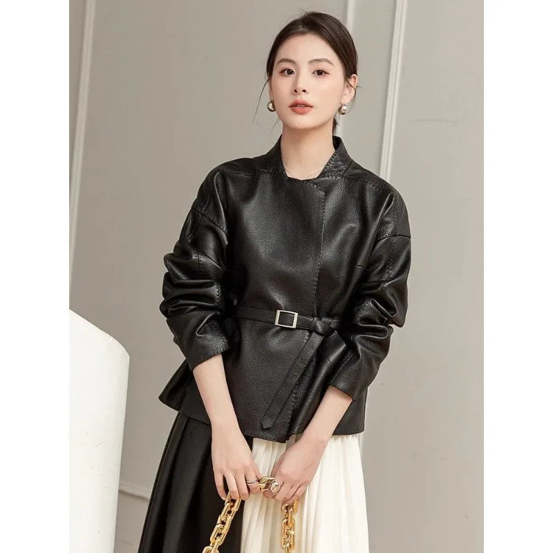 Women's Spring Autumn Leather Jacket Belt Short Tops Zipper Coats Loose Retro Fashion Design Sense Leisure Simple Brand Soft