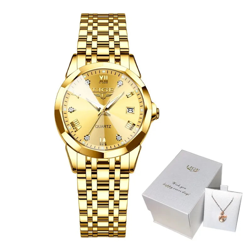 LIGE 2026 Women's Watch Luxury Gift quartz wristwatch Waterproof Calendar Stainless Steel Ladies Luminous Clock montre femme+BOX