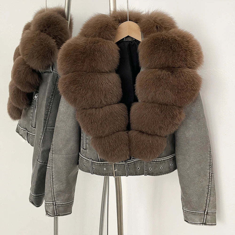 Natural Fox Fur Real Fur Coat Faux PU Leather Jacket Female New Autumn Short Top Clothing Women Long Sleeve Fake Leather Coat