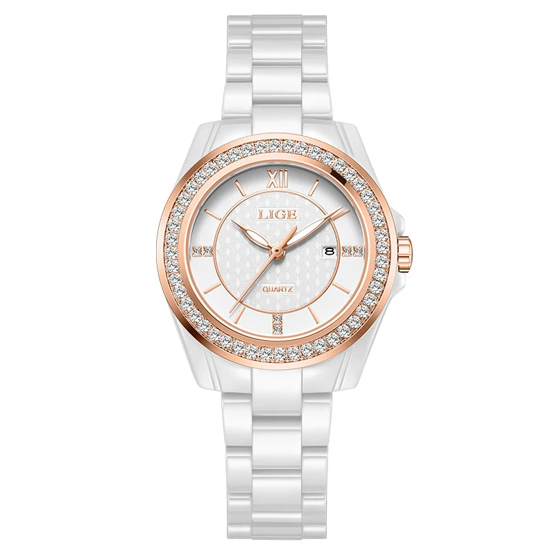 LIGE Luxury Woman Watch Waterproof Fashion Quartz Ladies Wristwatch Date Week Full Ceramic Women's Watches Relojs+GIFT Box