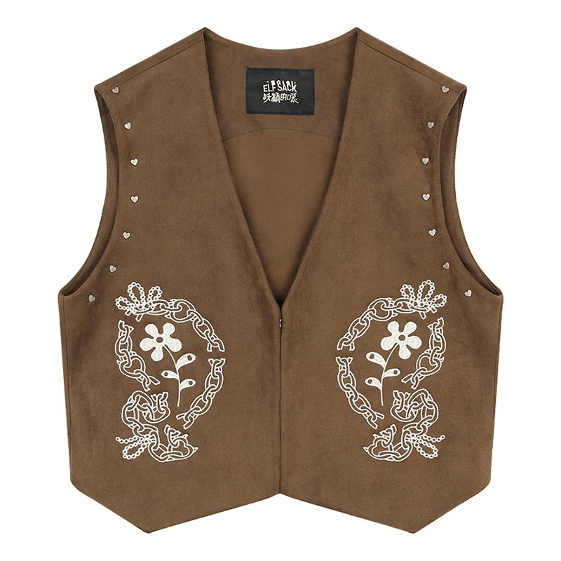 ELFSACK 2025 Autumn New Arrival Boho Casual Felt Vest Short Embroidered Design Sleeveless Jacket For Woman