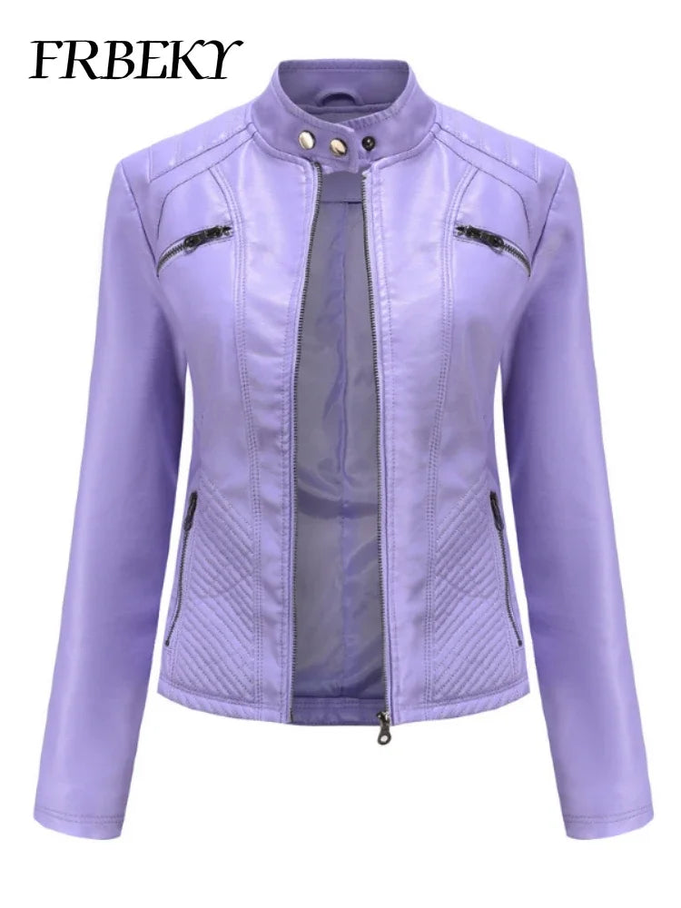Women coat Autumn New Casual Leather Jacket Standing Collar Long Sleeve Jacket Slim Solid Color Coat Streetwear Zipper Jacket