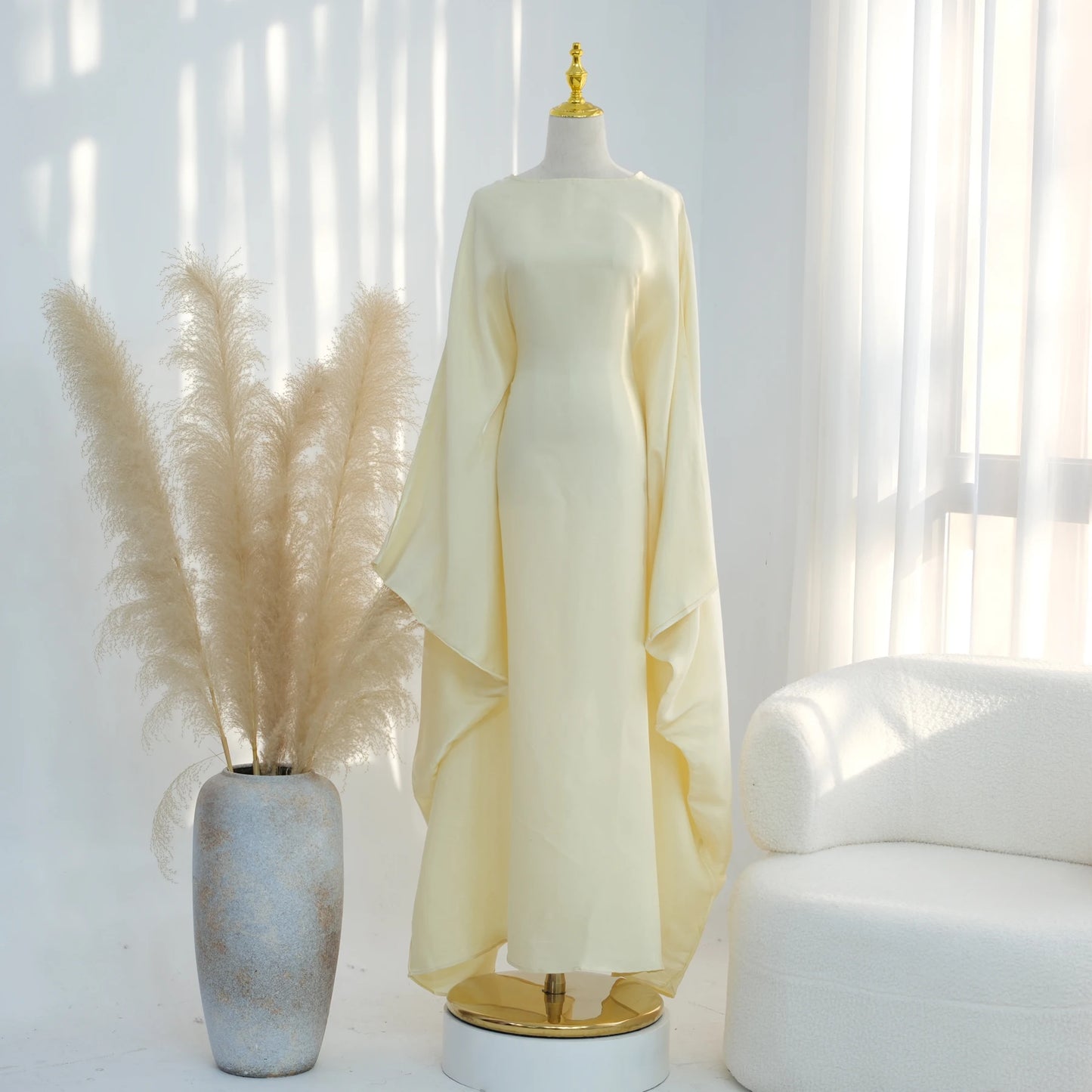 Ramadan Eid Evening Party Shiny Kaftan Dress for Women, Butterfly Sleeves Round Neck Muslim Women Abaya Dubai Islamic Clothing