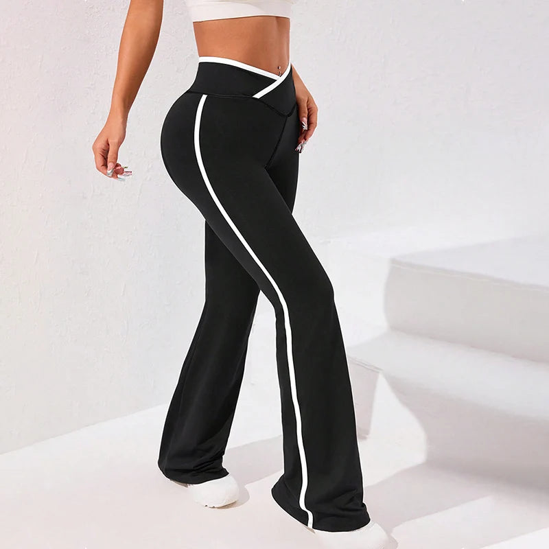 Striped Patchwork Cross Waist Yoga Leggings Women High Stretch Bodycon Flared Pants Woman Gym Fitness Workout Joggers Trousers