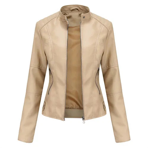 Women's Red PU Jacket, Vertical Collar Zipper Motorcycle Leather Coats,  Fashion Casual Coat Female Outerwear, Black Purple Top.