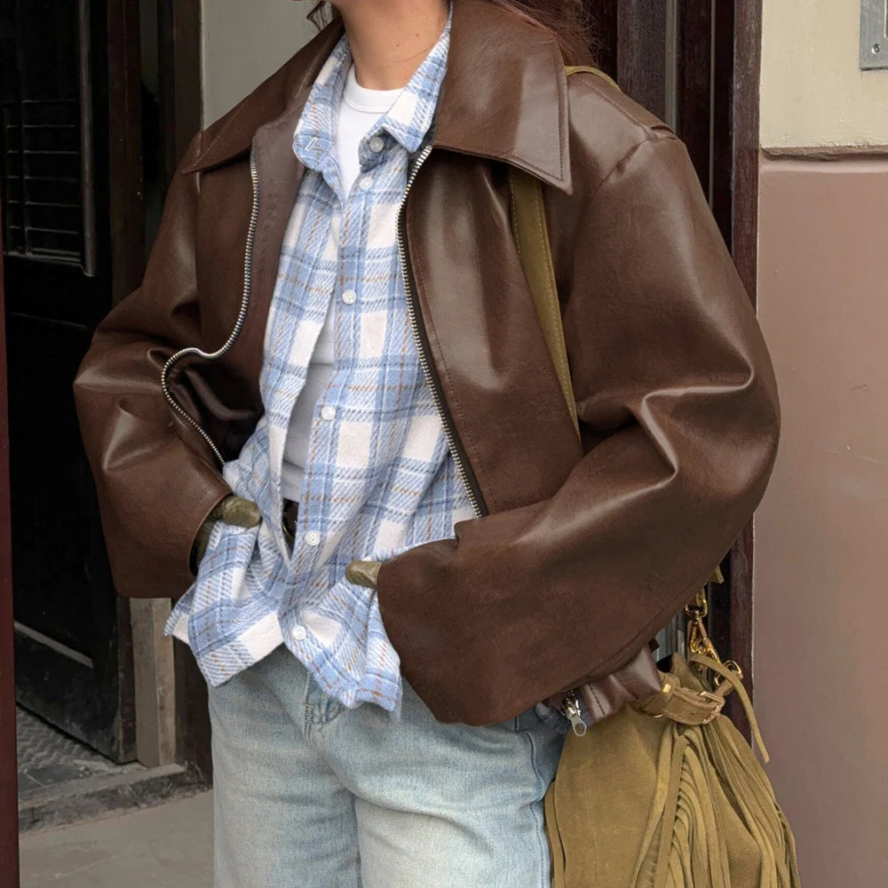 Autumn Women Casual Loose Motorcycle Jacket Turn Down Collar Long Sleeve PU Leather Zip Bomber Coats FYY-500