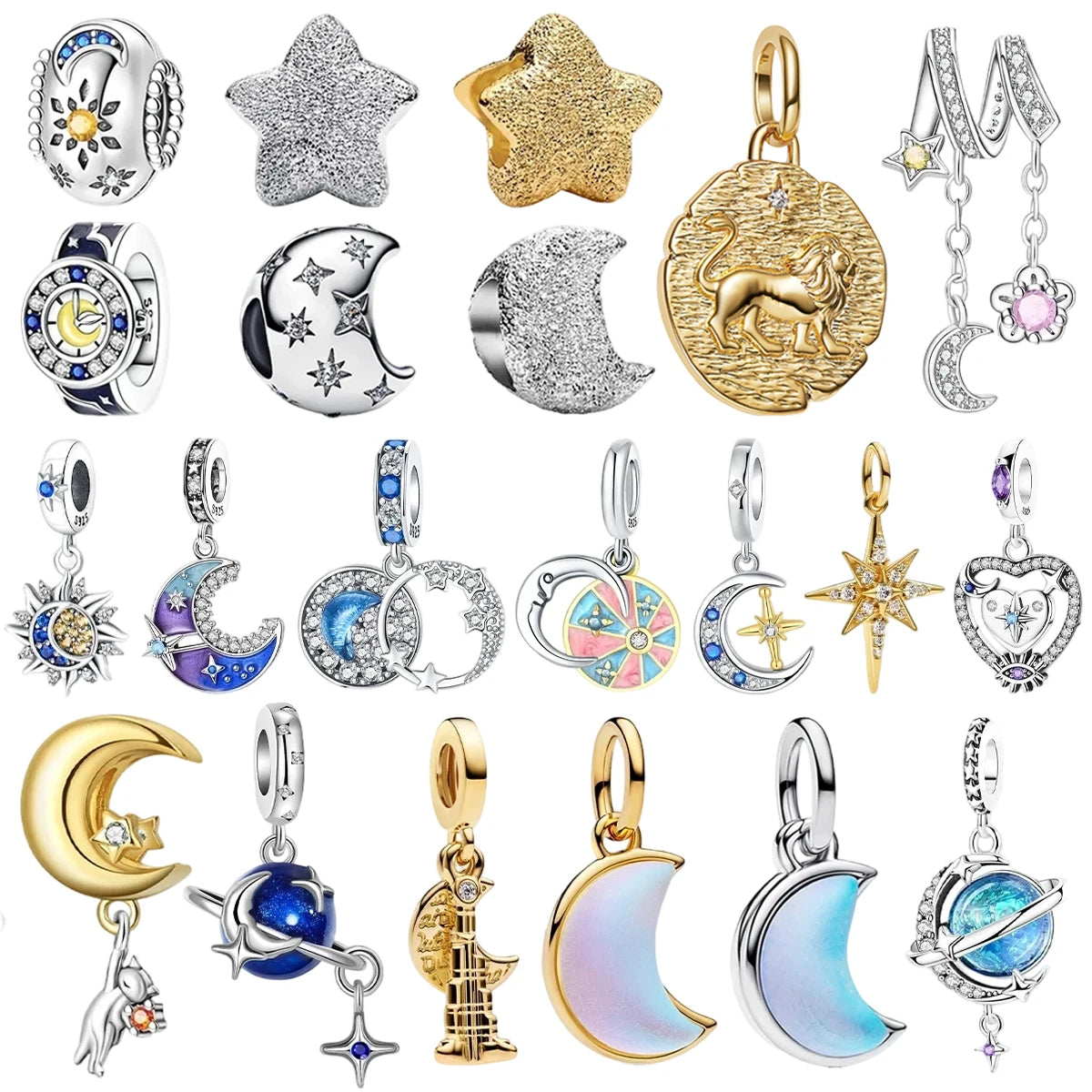 Hot Sale Original 925 Sterling Silver Star & Moon Charms Earrings Ring Beads Pendant fit Bracelet Necklace DIY Fine Jewelry Gift
