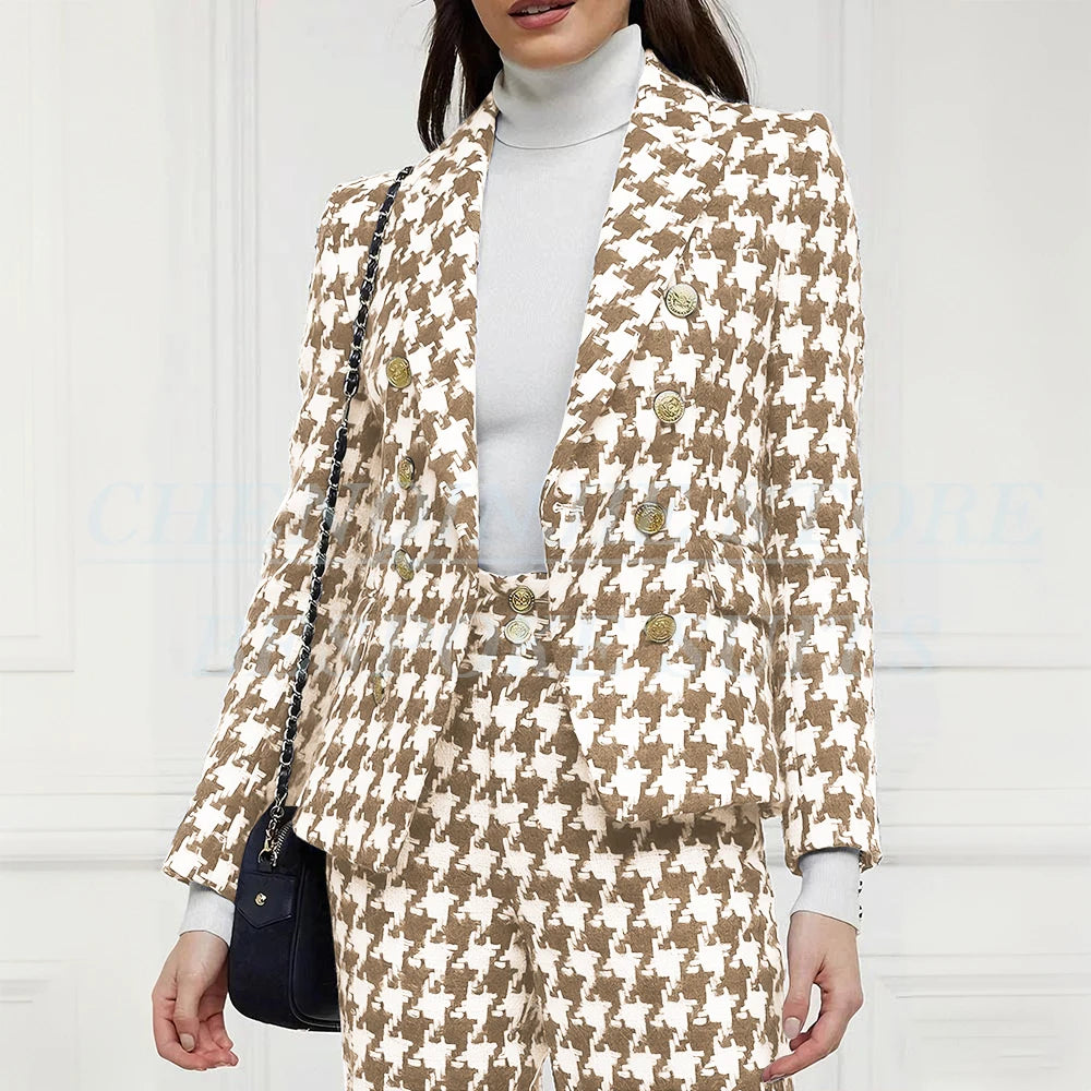 Luxury Double Breasted Women Suits Blazer Peak Lapel Houndstooth Outerwear Elegant Female 2 Piece Jacket Pants Sets Clothing