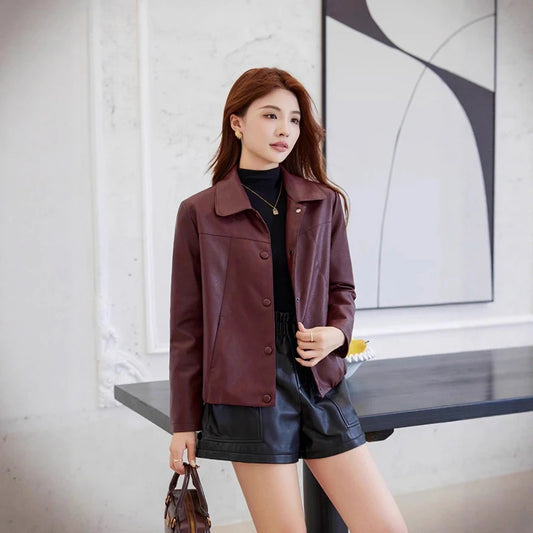 Korean Temperament Faux Leather Jacket Women Spring Autumn Thin Soft Leather Coat Woman Office Lady Single Breasted Lapel Jacket
