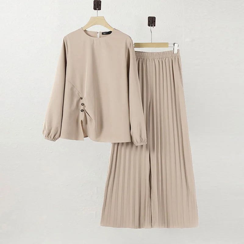 ZANZEA Women 2025 Autumn Matching Sets Casual Long Sleeve Tops Trousers Suit Muslim Outfits 2 Pieces Sets Solid Loose Tracksuit