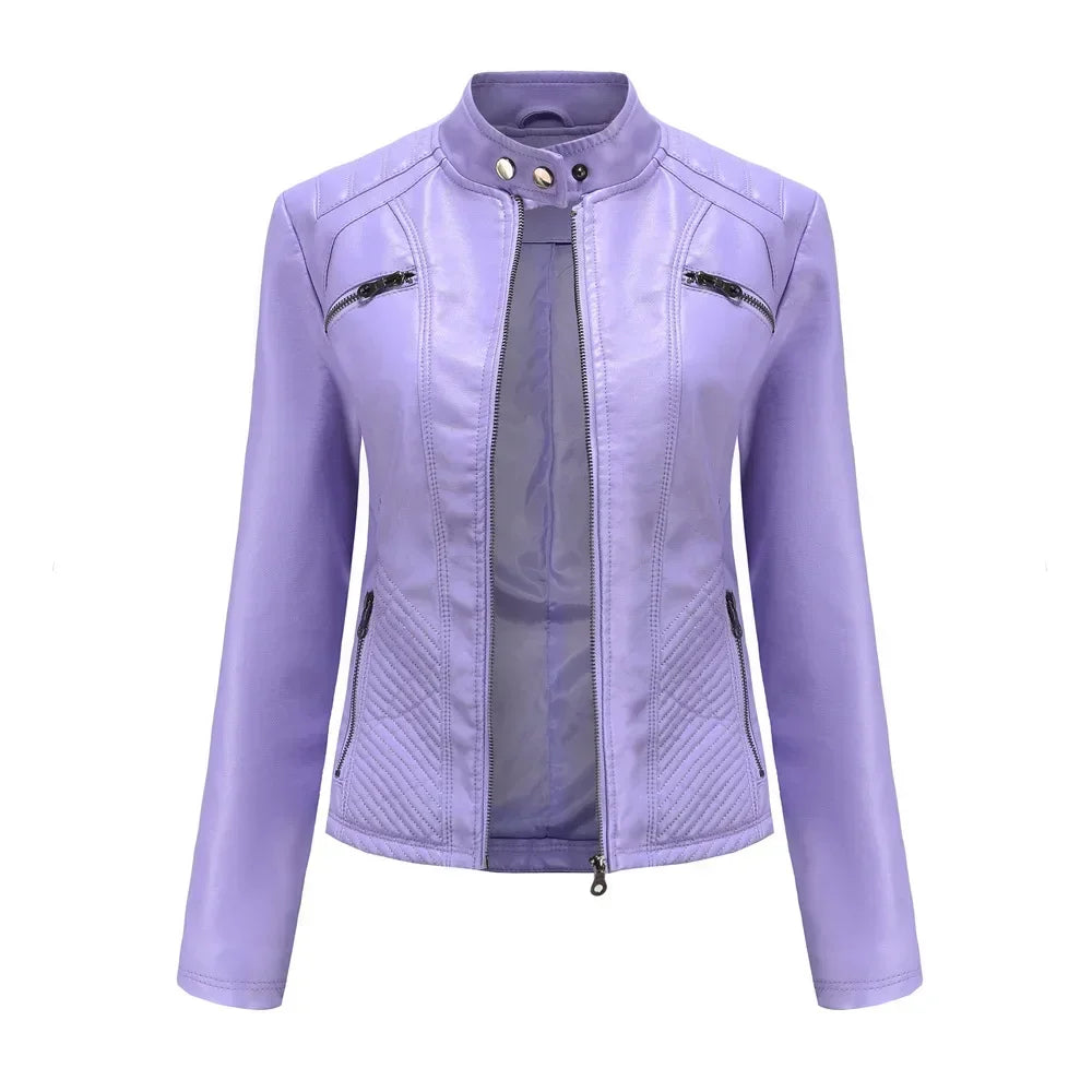 Women coat Autumn New Casual Leather Jacket Standing Collar Long Sleeve Jacket Slim Solid Color Coat Streetwear Zipper Jacket