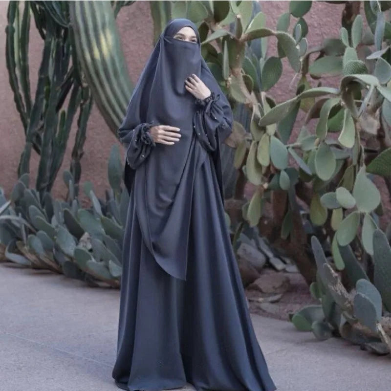 New solid color women's robe pearl sleeve dress, two-piece long headscarf P555
