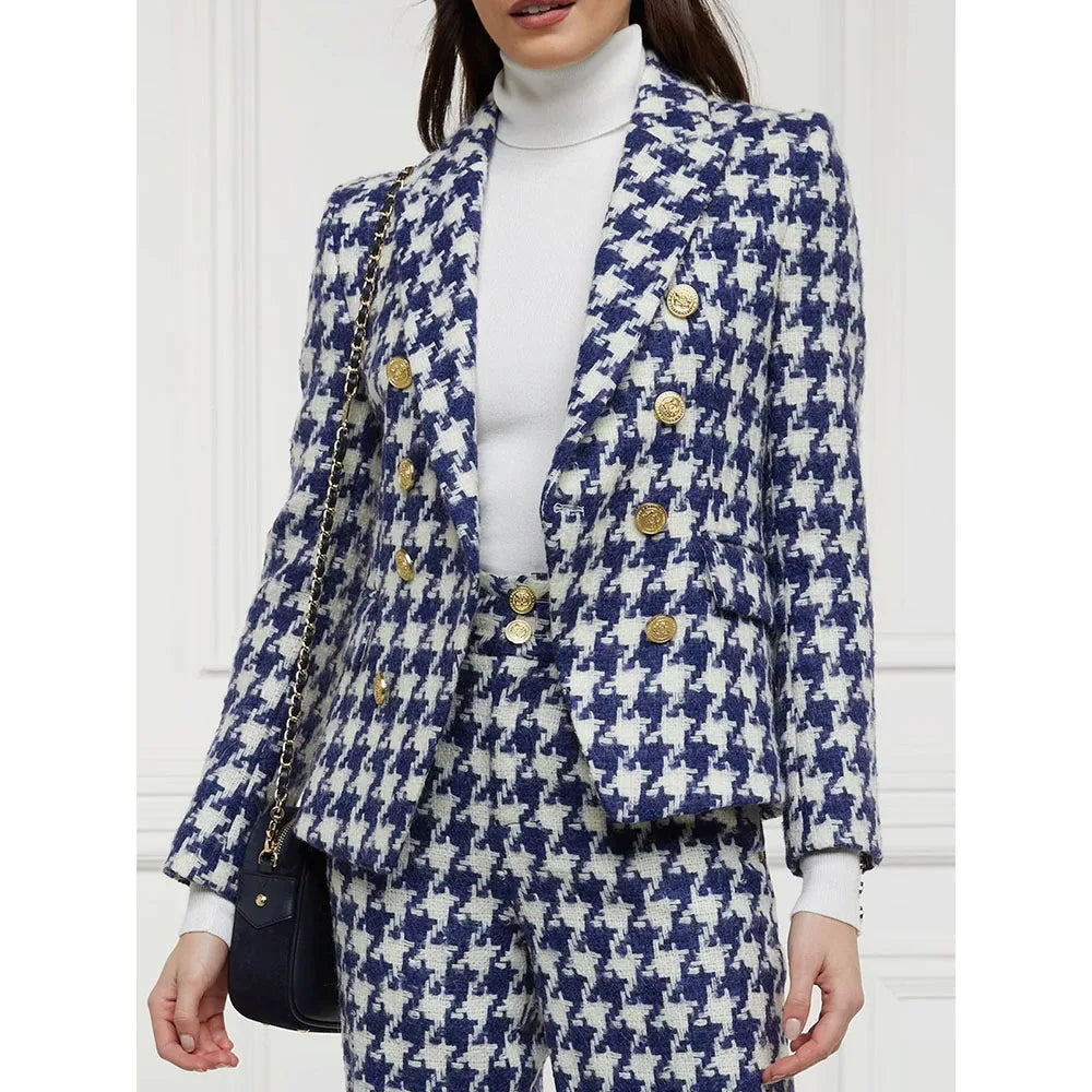 Luxury Double Breasted Women Suits Blazer Peak Lapel Houndstooth Outerwear Elegant Female 2 Piece Jacket Pants Sets Clothing