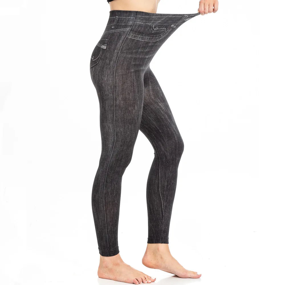 Skinny High Waisted Leggings Women Imitation Jeans Yoga Pants Fashion Printed Elastic Shapewear Fitness Jogging Cycling Tights