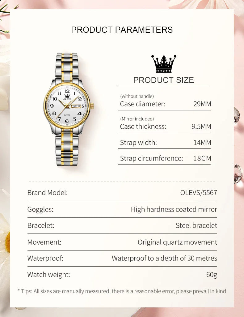 OLEVS 5567 Luxury Quartz Watch for Women Elegant Stainless Steel Waterproof Watches Luminous Week Date Ladies Dress Wristwatches