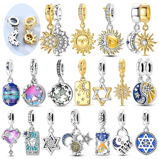 925 Sterling Silver Charm Pendant Star Moon Sun Starry Sky Beaded Charm Fit Original Bracelet DIY Fine Jewelry Making For Women
