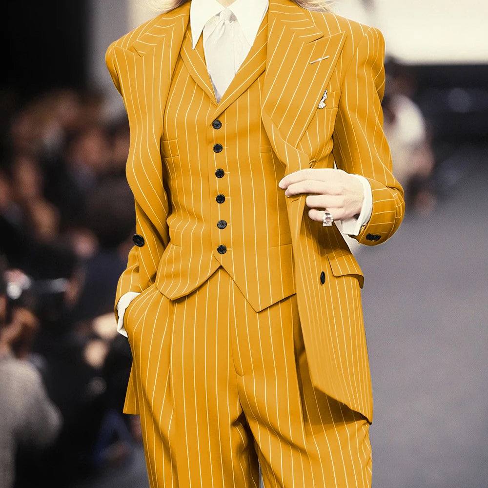 Trending 2025 Brown Striped Women Suit Formal Double-breasted Peaked Lapel 3Pieces (Jacket+Pants+Vest) Business Office Lady Set