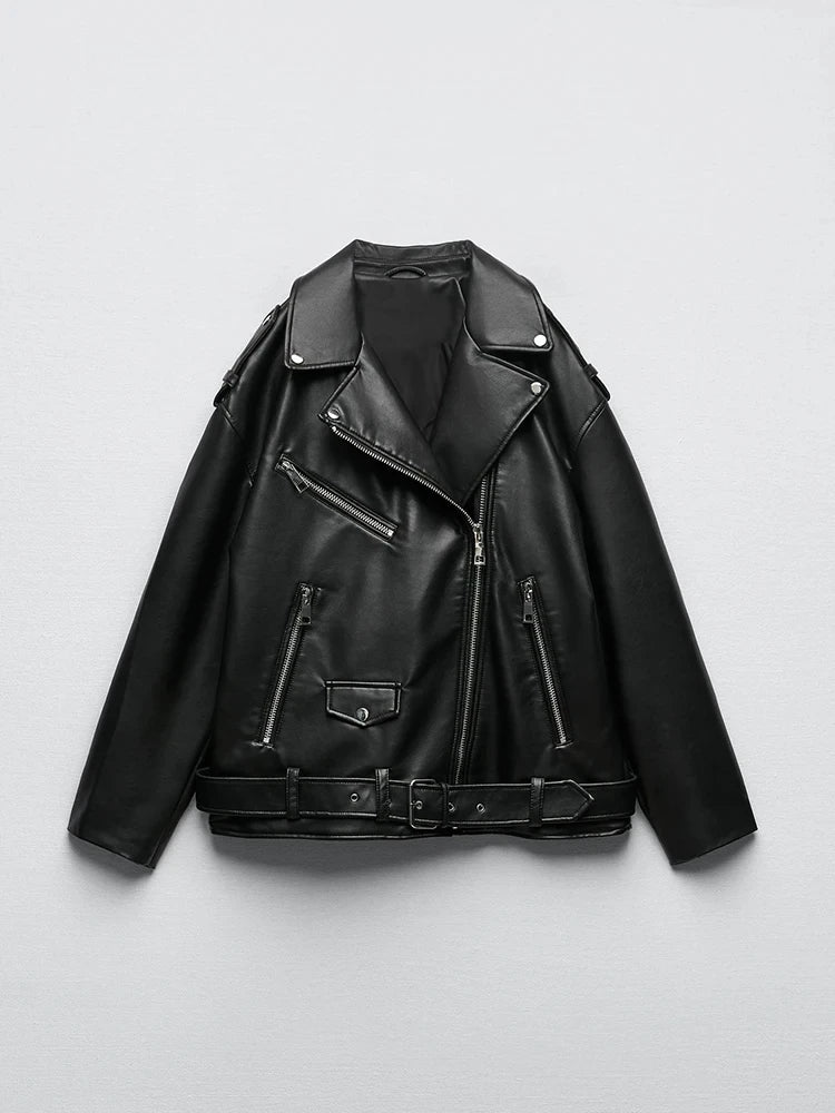 BBWM Pu Faux Leather Jacket with Belt Spring Autumn Female Zipper Coat Outwear Women's Loose Motorcycle Biker Black