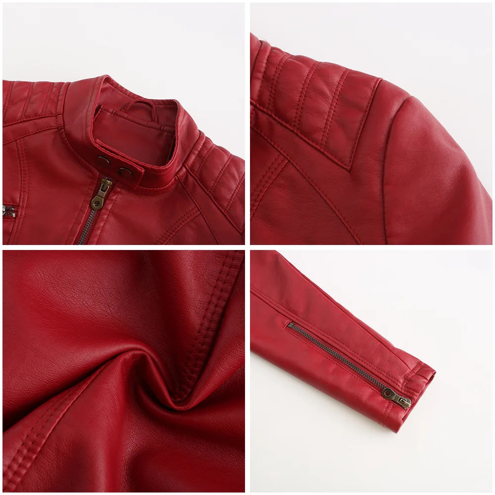 Spring New Casual Women Leather Jacket Stand Collar Slim Fit Short PU Leather Coat Solid Classic Female Outerwear
