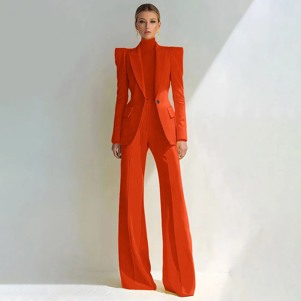Professional Women's Red Suit Peaked Lapel Single Button Female Elegant Blazer and Flared Pants 2Piece Set Formal Office Wear