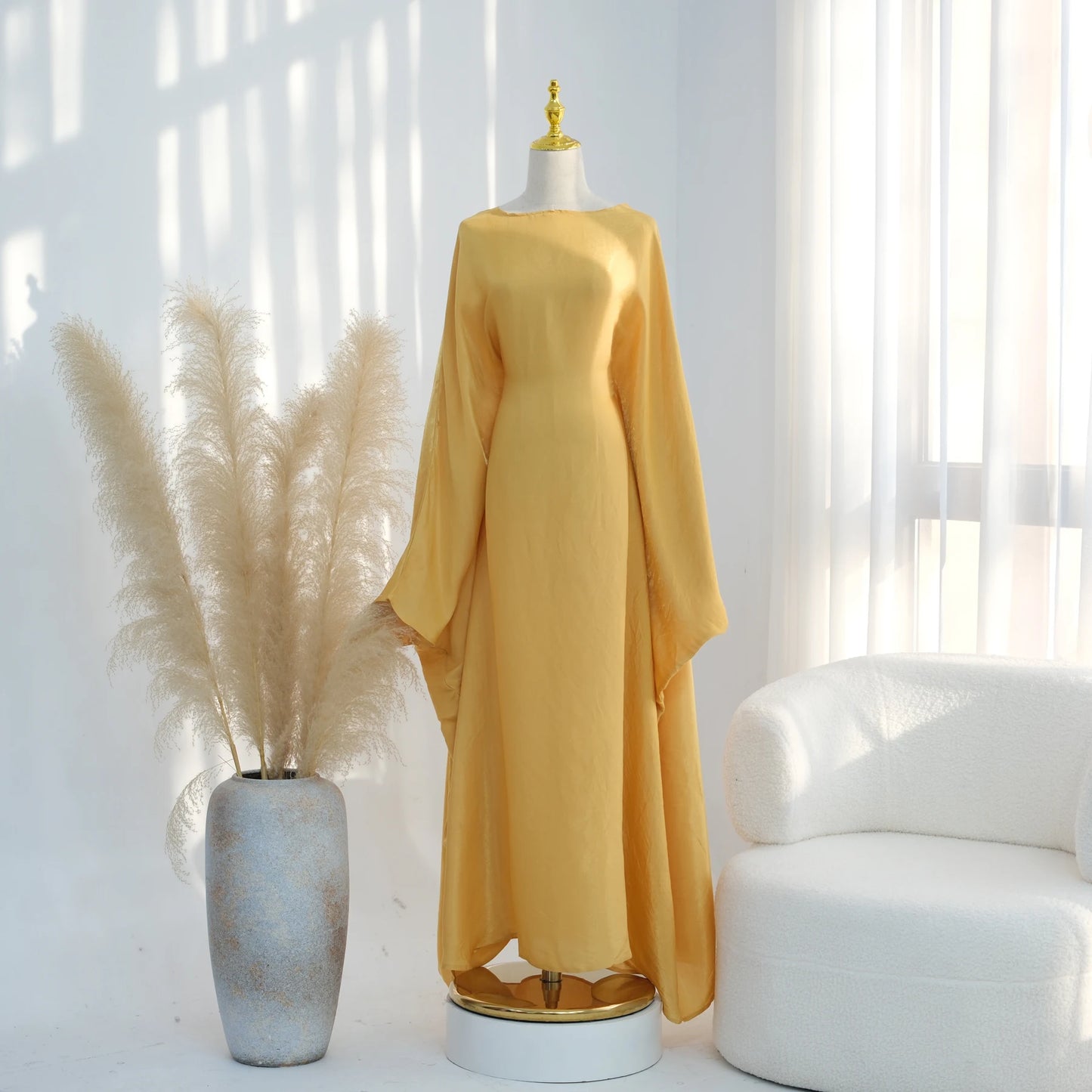 Ramadan Eid Evening Party Shiny Kaftan Dress for Women, Butterfly Sleeves Round Neck Muslim Women Abaya Dubai Islamic Clothing