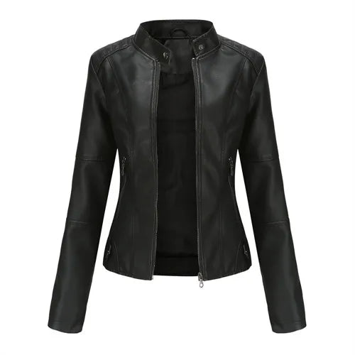 Women's Red PU Jacket, Vertical Collar Zipper Motorcycle Leather Coats,  Fashion Casual Coat Female Outerwear, Black Purple Top.