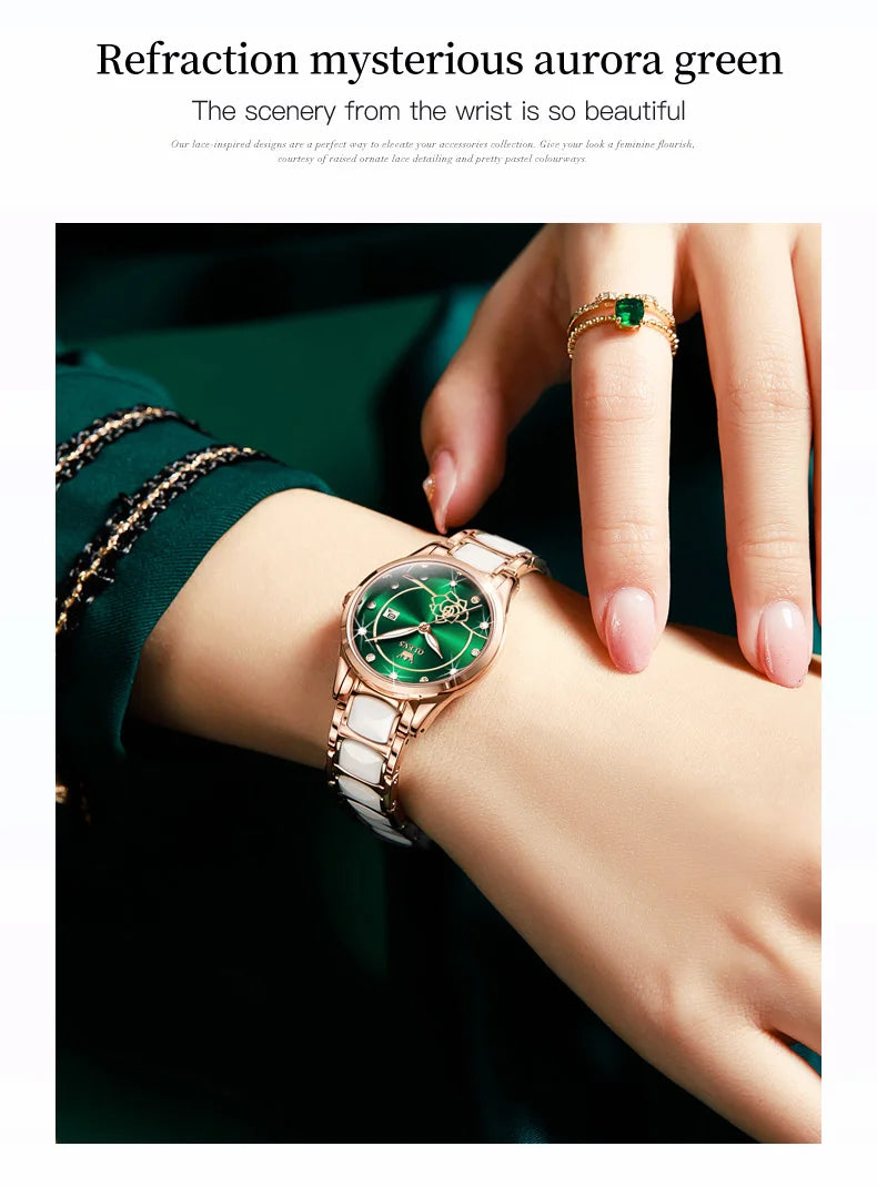 OLEVS 3606 Women's Watch Luxury Quartz Japanese Movement Watch Exquisite Rose Waterproof dial Elegant Ceramic Women's Watch