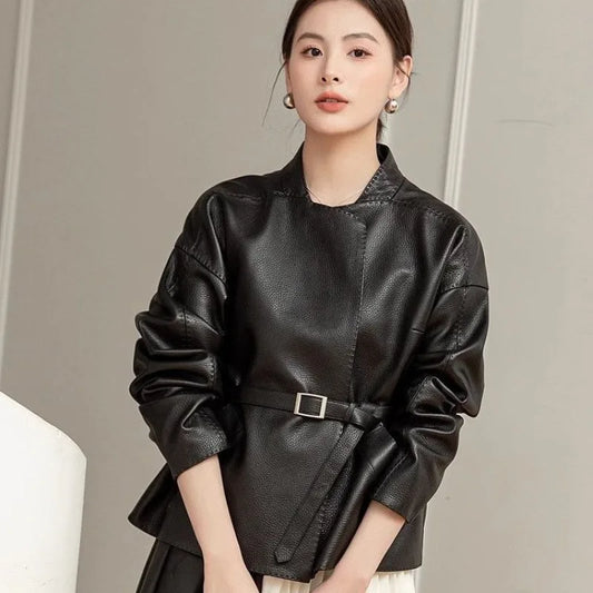 Women's Spring Autumn Leather Jacket Belt Short Tops Zipper Coats Loose Retro Fashion Design Sense Leisure Simple Brand Soft