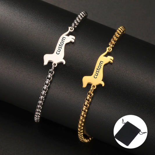 Customized Name Date Sausage Dog Charm Bracelet Stainless Steel Personalized Pet Sausage Dog Bracelet Jewelry Gift