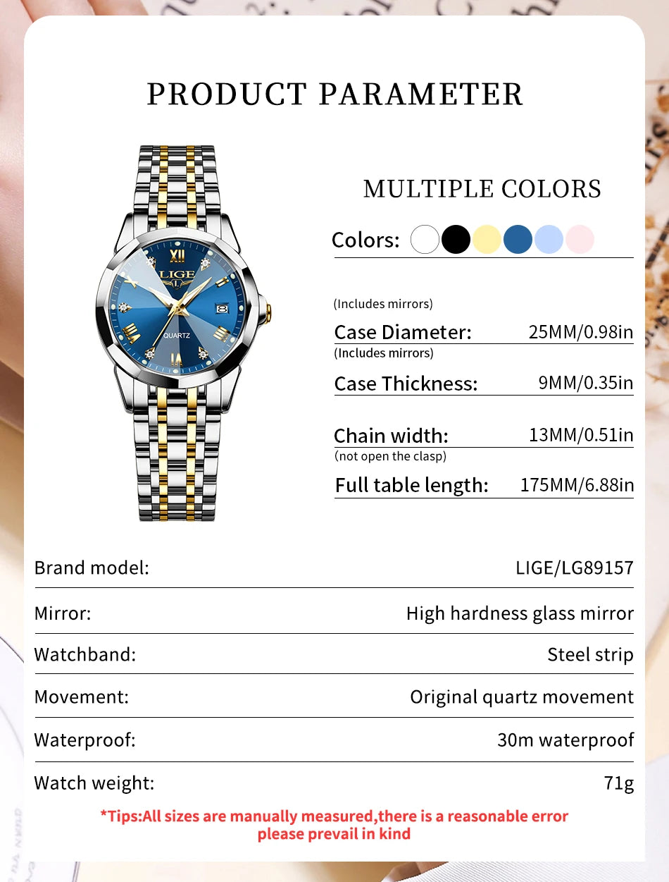 LIGE 2026 Women's Watch Luxury Gift quartz wristwatch Waterproof Calendar Stainless Steel Ladies Luminous Clock montre femme+BOX