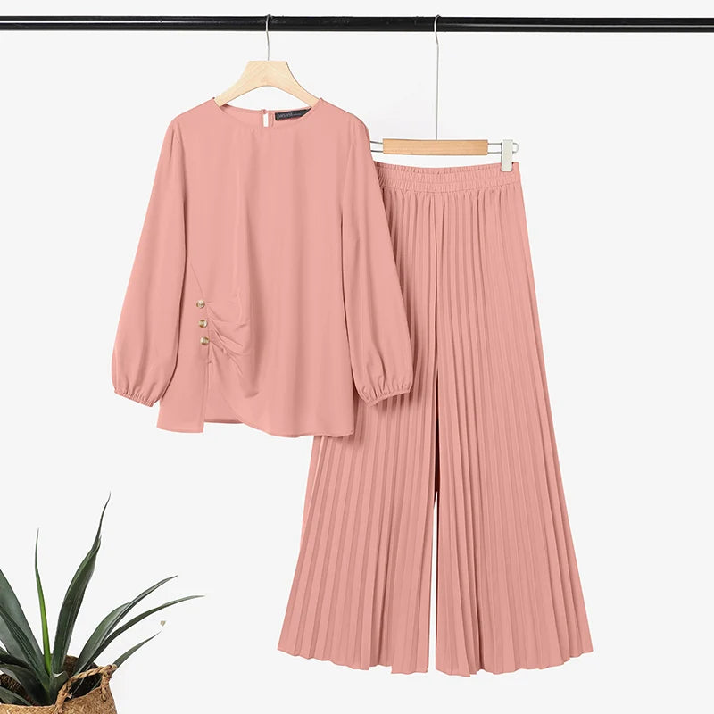 ZANZEA Women 2025 Autumn Matching Sets Casual Long Sleeve Tops Trousers Suit Muslim Outfits 2 Pieces Sets Solid Loose Tracksuit