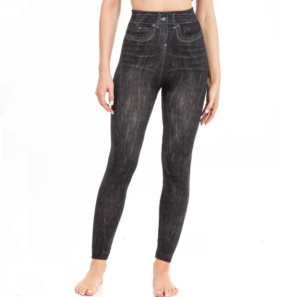 Skinny High Waisted Leggings Women Imitation Jeans Yoga Pants Fashion Printed Elastic Shapewear Fitness Jogging Cycling Tights