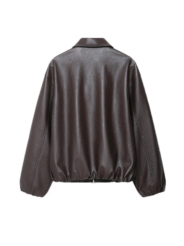 Women's Faux Leather Bomber Jacket Long Sleeve Chic Outerwear Elastic Hem Female Fashion Top