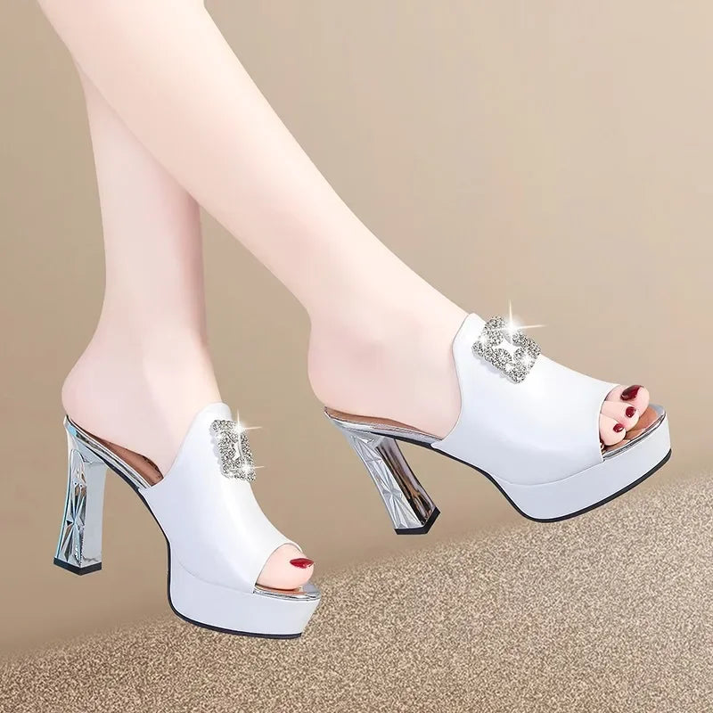 Summer Fish Mouth Block Heel Sandals Women's Platform Platform Rhinestone Sexy High Heeled Sandals Womens Shoes