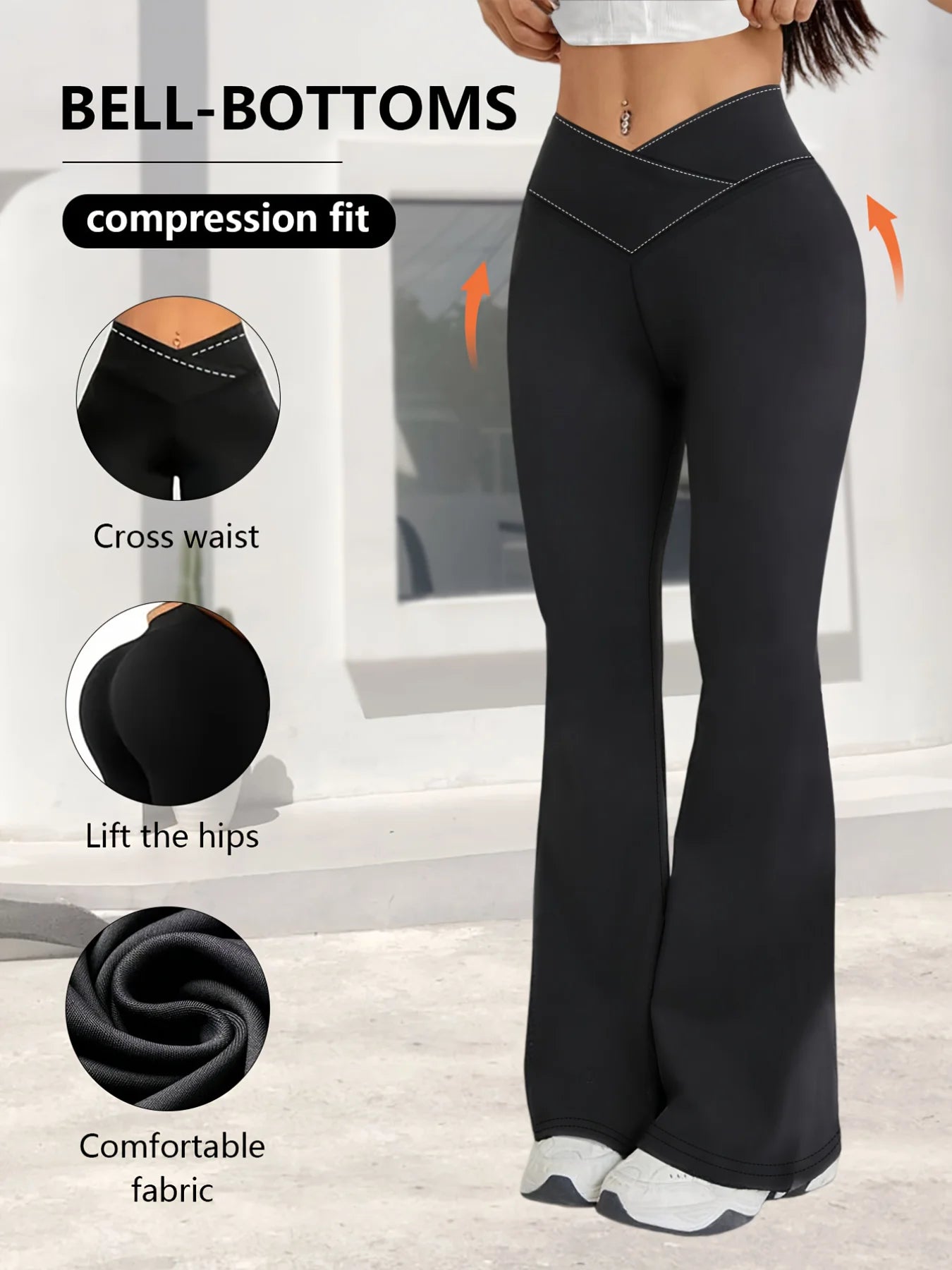 A Spring Black Leggings With High Waist Elasticity, Slightly Flared Hems, Cross Waist Design, Suitable For Casual Sports