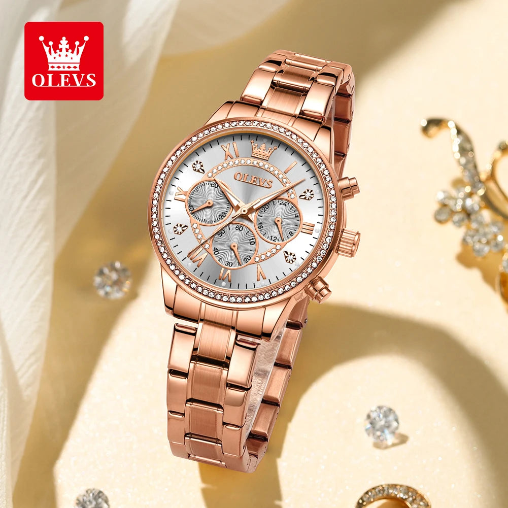 OLEVS Women's Watches Top Brand Luxury Original Quartz Watch for Ladies Chronograph Waterproof Luminous Rhinestone Dial 24 Hour