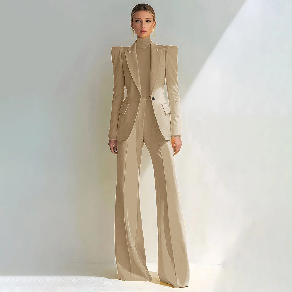 Professional Women's Red Suit Peaked Lapel Single Button Female Elegant Blazer and Flared Pants 2Piece Set Formal Office Wear