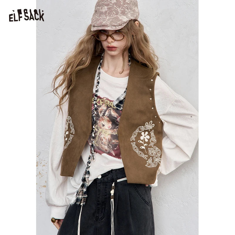 ELFSACK 2025 Autumn New Arrival Boho Casual Felt Vest Short Embroidered Design Sleeveless Jacket For Woman