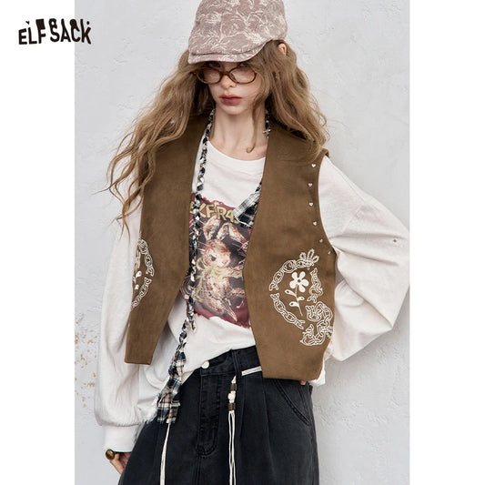 ELFSACK 2025 Autumn New Arrival Boho Casual Felt Vest Short Embroidered Design Sleeveless Jacket For Woman