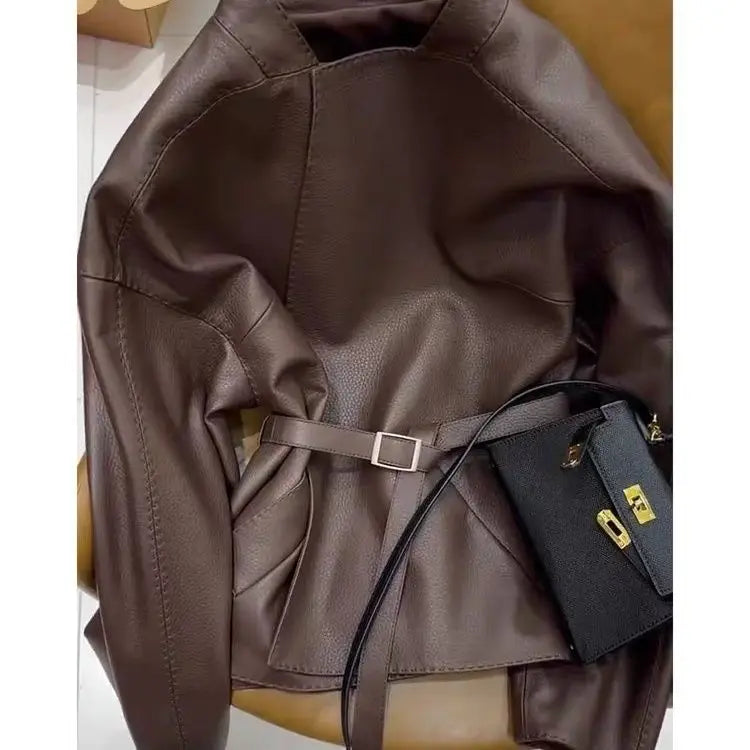 Women's Spring Autumn Leather Jacket Belt Short Tops Zipper Coats Loose Retro Fashion Design Sense Leisure Simple Brand Soft